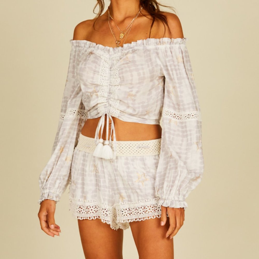NWT Ocean Drive Grey Crochet Tie Dye Off Shoulder Gold Star Crop Top
